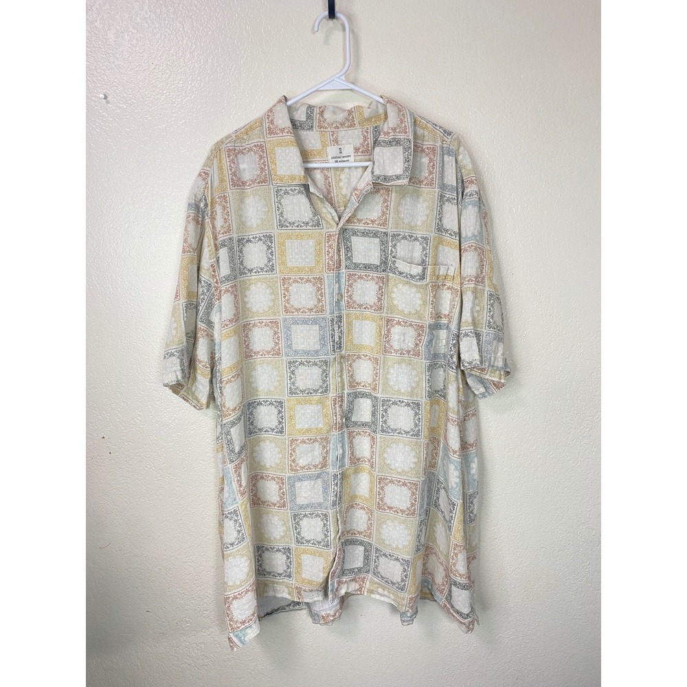 Mutual Weave Mens 3XLT Linen Cotton Short Sleeve Button Down Tile Print Shirt